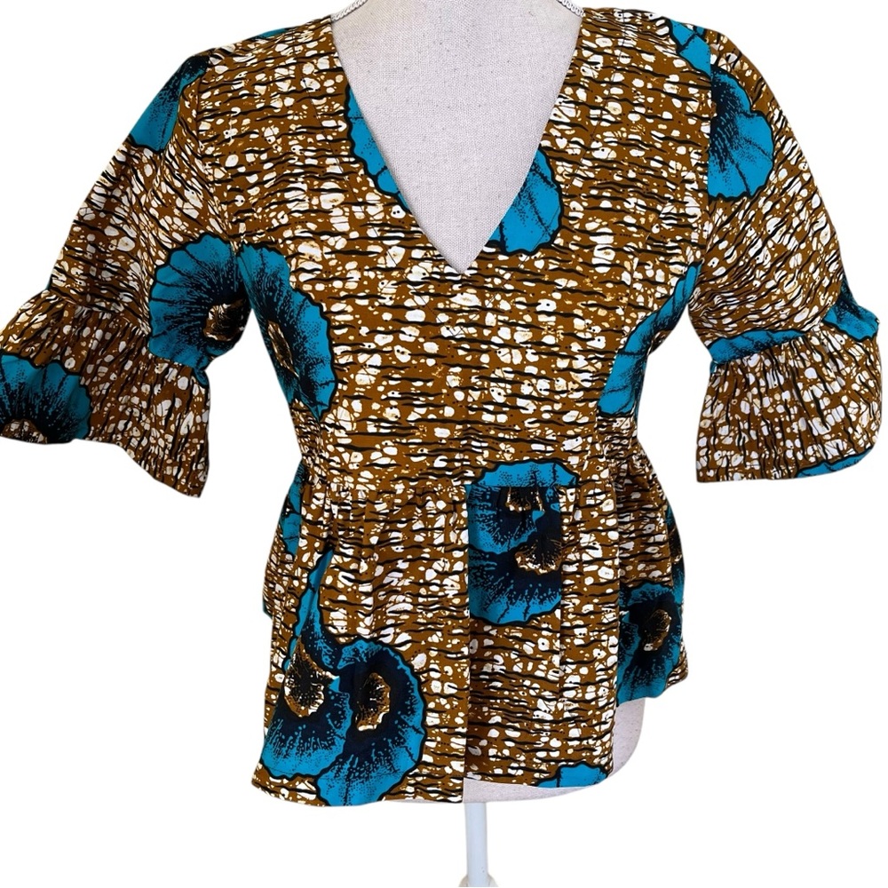 Shop Afrikka Mustard/White/Blue Cotton Floral V-Neck Ruffle Sleeve Peplum TopNEW